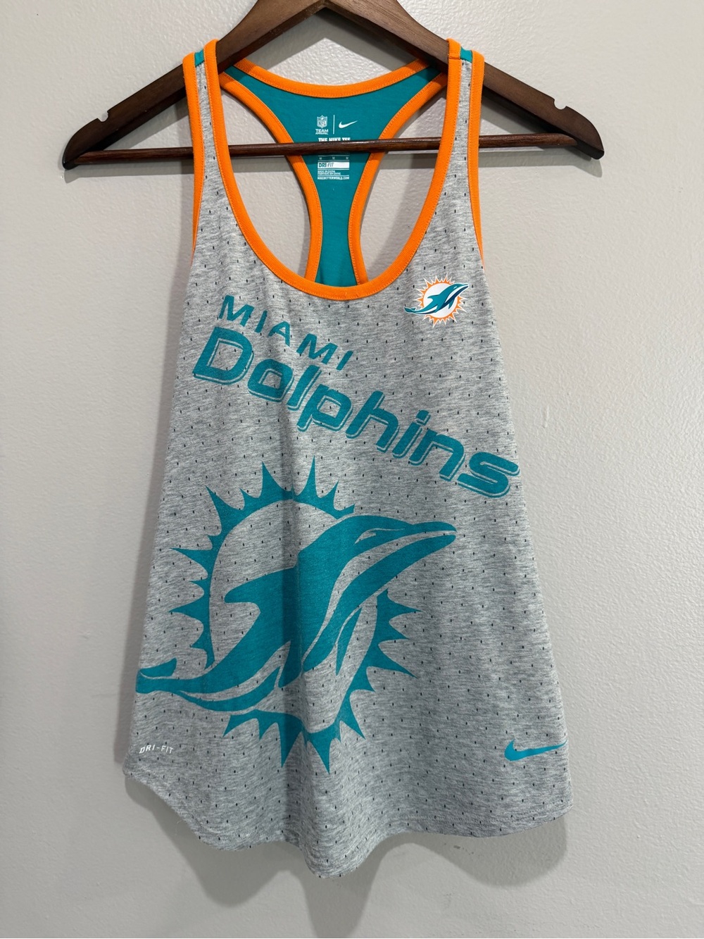 Nike Gray Tank Top with Teal Dolphins Logo and Orange Trim